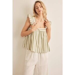 Green White Striped Ruffle Sleeve Cotton Peplum Top L Cottagecore Feminine Boho